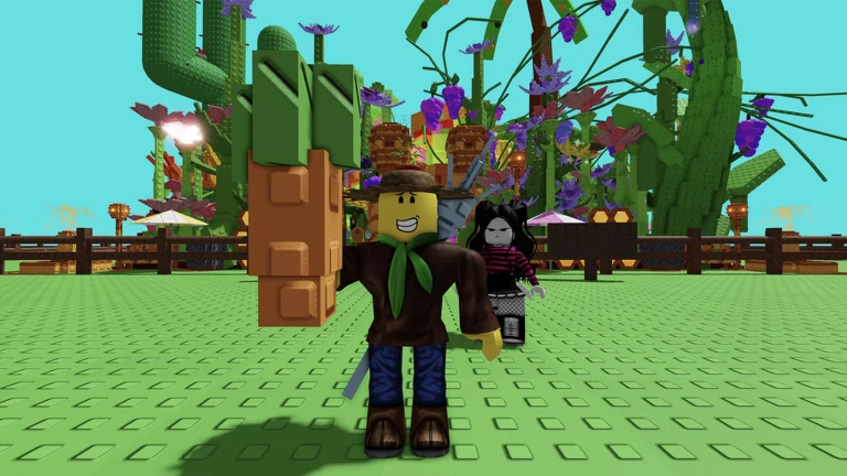 Roblox avatars standing in a colorful classic-era world with blocky cacti, expressing the event's journey through Roblox history