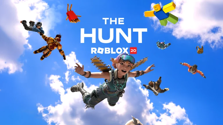 Official key art for The Hunt: Roblox 20 showing avatars skydiving through a bright blue sky around the event logo